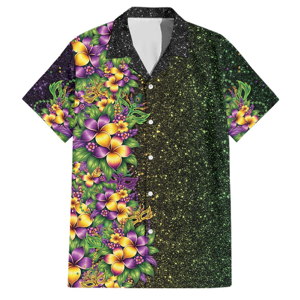 Hawaii Mardi Gras Family Matching Off Shoulder Short Dress and Hawaiian Shirt Tropical Flowers Glitter Style