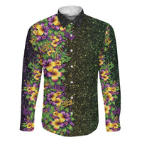 Hawaii Mardi Gras Family Matching Off Shoulder Short Dress and Hawaiian Shirt Tropical Flowers Glitter Style