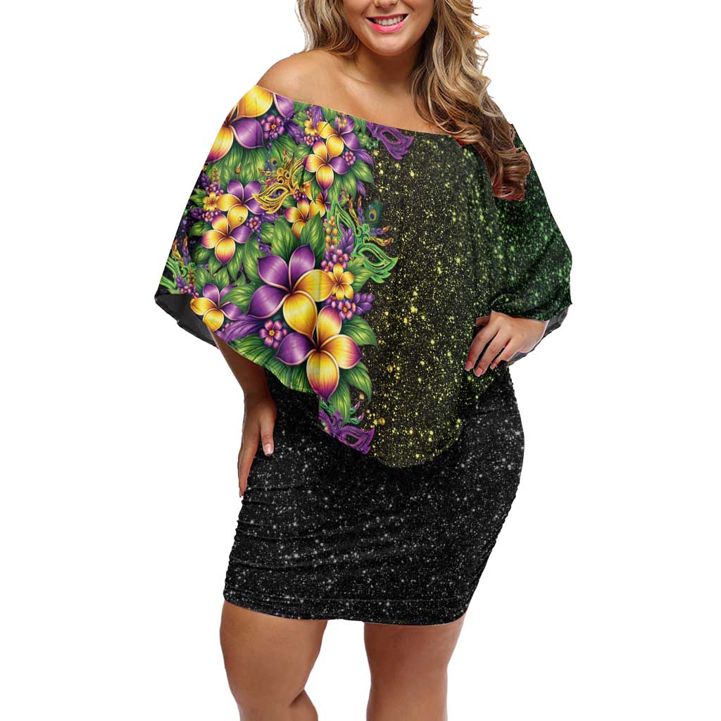 Hawaii Mardi Gras Family Matching Off Shoulder Short Dress and Hawaiian Shirt Tropical Flowers Glitter Style