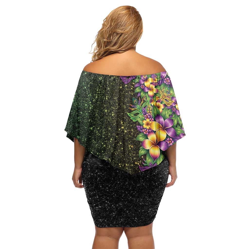 Hawaii Mardi Gras Family Matching Off Shoulder Short Dress and Hawaiian Shirt Tropical Flowers Glitter Style