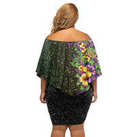 Hawaii Mardi Gras Family Matching Off Shoulder Short Dress and Hawaiian Shirt Tropical Flowers Glitter Style