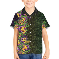 Hawaii Mardi Gras Family Matching Off Shoulder Short Dress and Hawaiian Shirt Tropical Flowers Glitter Style