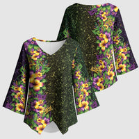 Hawaii Mardi Gras Kimono Sleeve Blouse Tropical Flowers Glitter Style