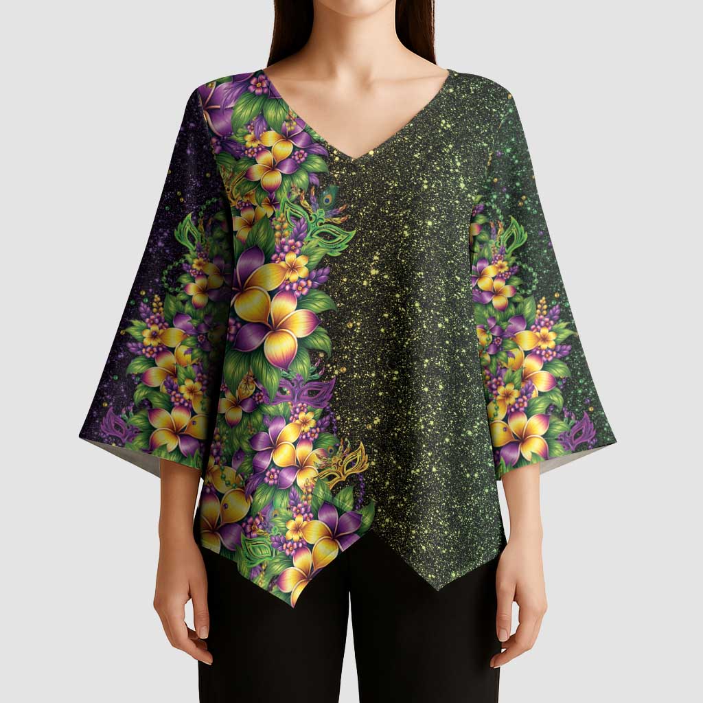 Hawaii Mardi Gras Kimono Sleeve Blouse Tropical Flowers Glitter Style