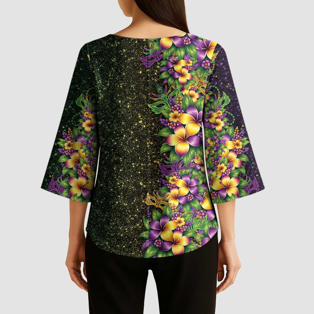 Hawaii Mardi Gras Kimono Sleeve Blouse Tropical Flowers Glitter Style