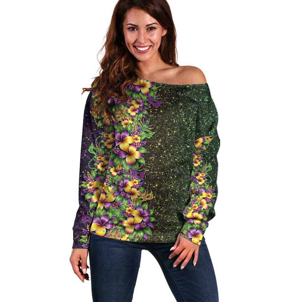 Hawaii Mardi Gras Off Shoulder Sweater Tropical Flowers Glitter Style