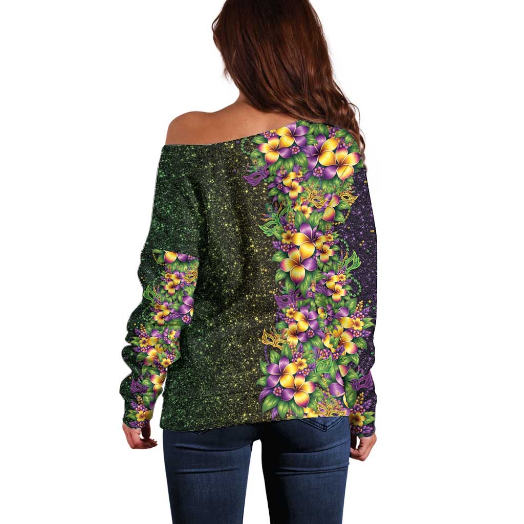 Hawaii Mardi Gras Off Shoulder Sweater Tropical Flowers Glitter Style