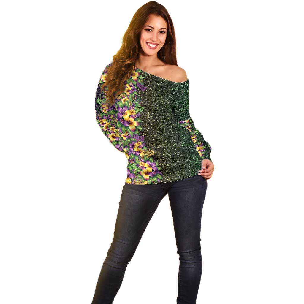 Hawaii Mardi Gras Off Shoulder Sweater Tropical Flowers Glitter Style