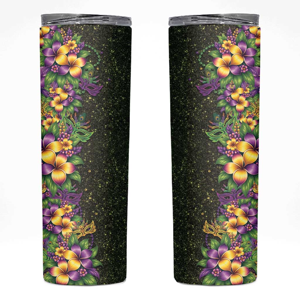 Hawaii Mardi Gras Skinny Tumbler Tropical Flowers Glitter Style LT05 Black - Polynesian Pride
