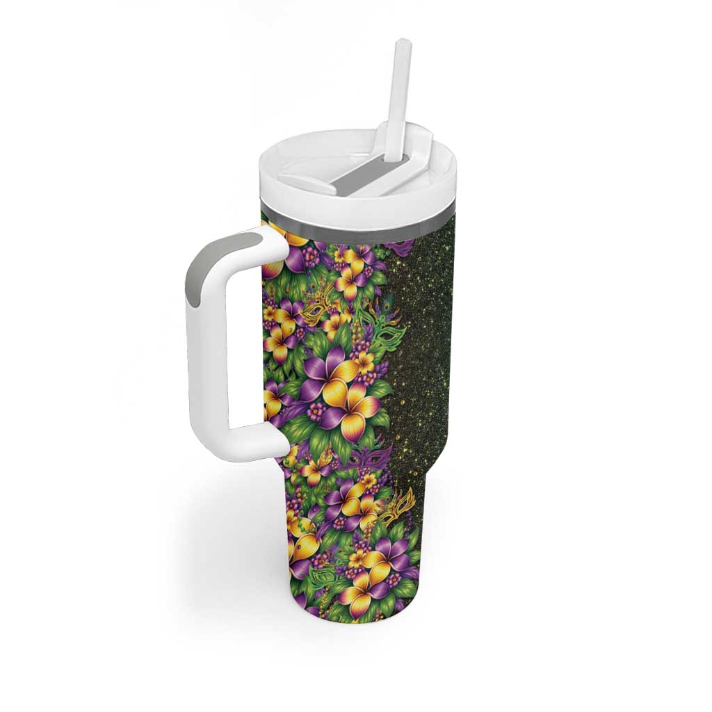 Hawaii Mardi Gras Tumbler With Handle Tropical Flowers Glitter Style