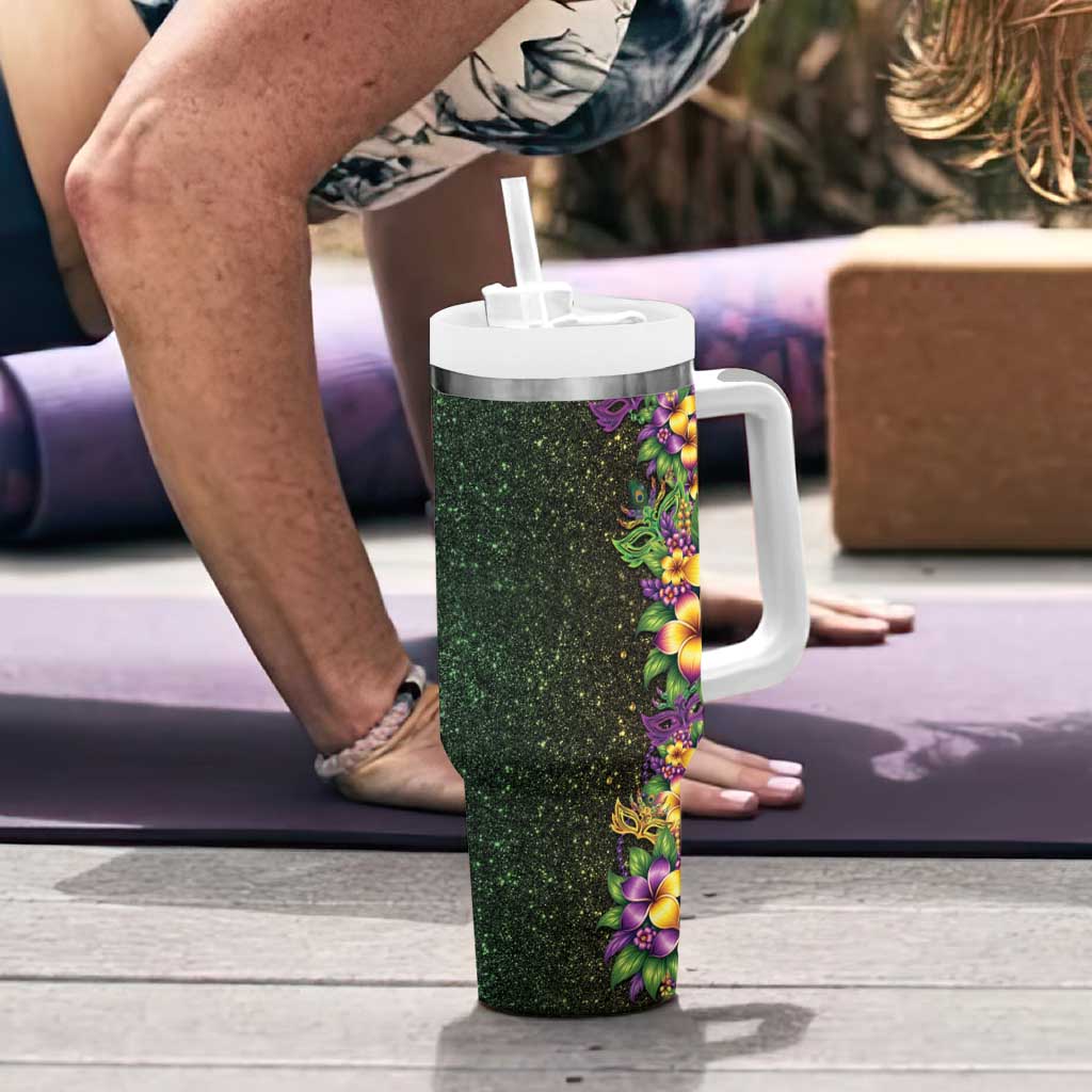 Hawaii Mardi Gras Tumbler With Handle Tropical Flowers Glitter Style