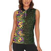 Hawaii Mardi Gras Women Sleeveless Polo Shirt Tropical Flowers Glitter Style LT05 - Polynesian Pride