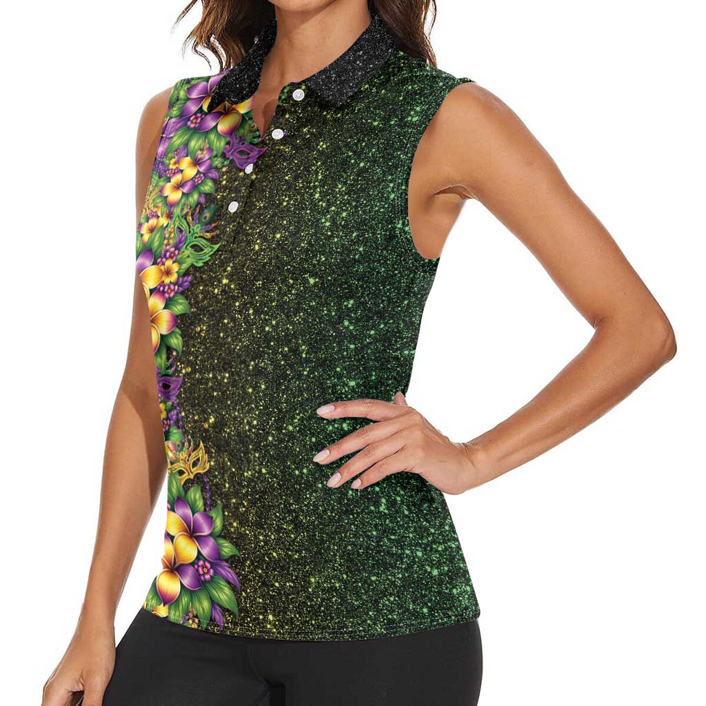 Hawaii Mardi Gras Women Sleeveless Polo Shirt Tropical Flowers Glitter Style LT05 - Polynesian Pride