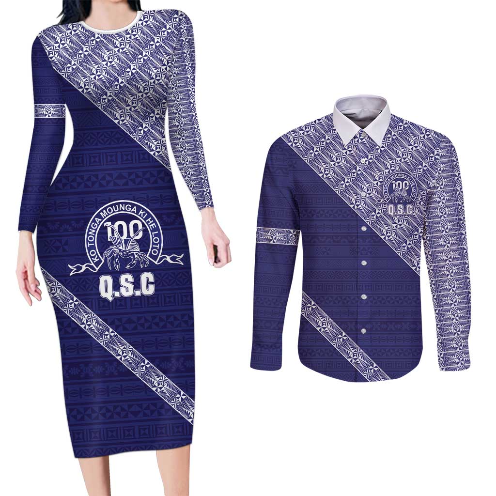 Tonga Queen Salote College Couples Matching Long Sleeve Bodycon Dress and Long Sleeve Button Shirt 100 Years Anniversary Navy Color