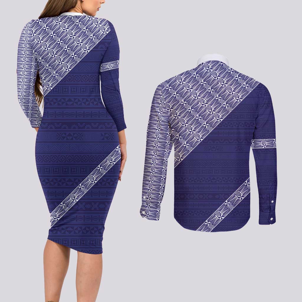 Tonga Queen Salote College Couples Matching Long Sleeve Bodycon Dress and Long Sleeve Button Shirt 100 Years Anniversary Navy Color