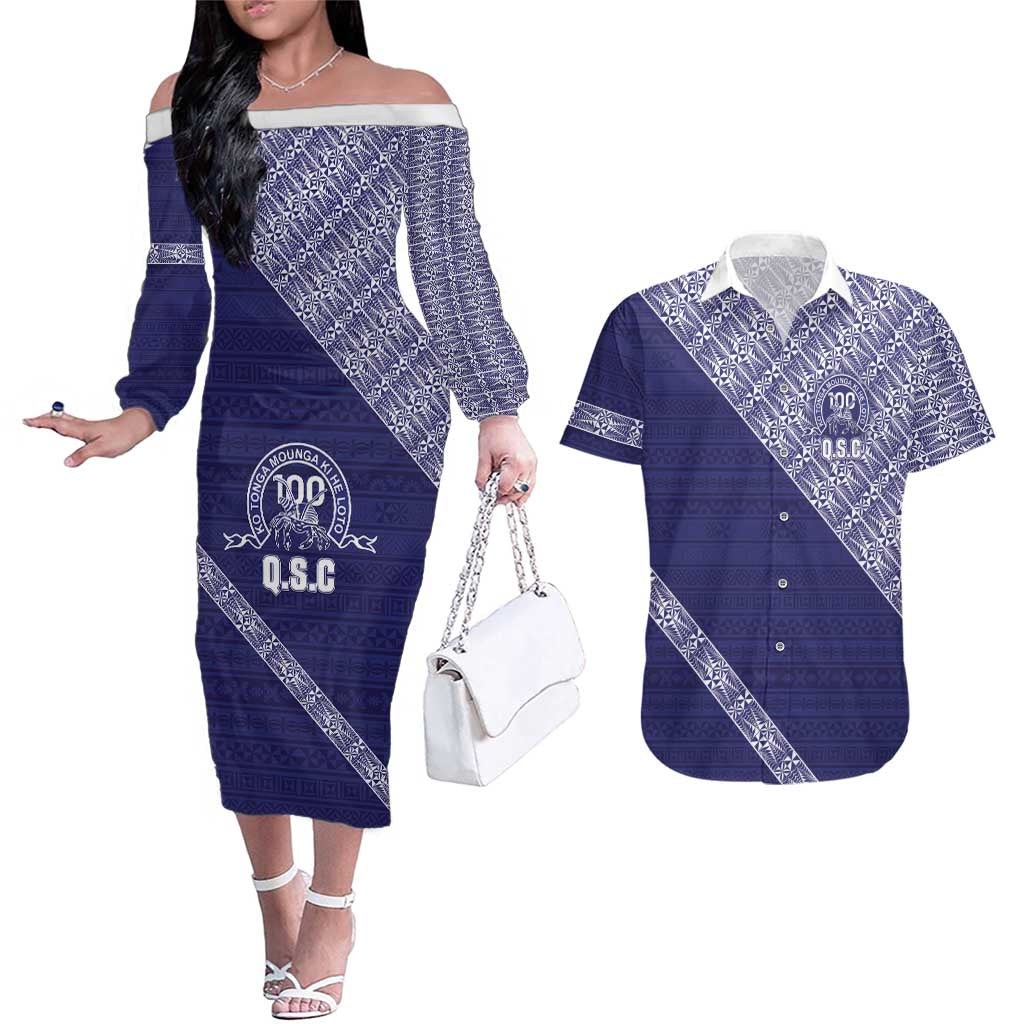 Tonga Queen Salote College Couples Matching Off The Shoulder Long Sleeve Dress and Hawaiian Shirt 100 Years Anniversary Navy Color