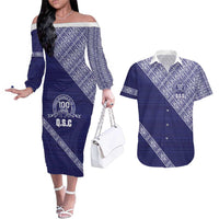 Tonga Queen Salote College Couples Matching Off The Shoulder Long Sleeve Dress and Hawaiian Shirt 100 Years Anniversary Navy Color