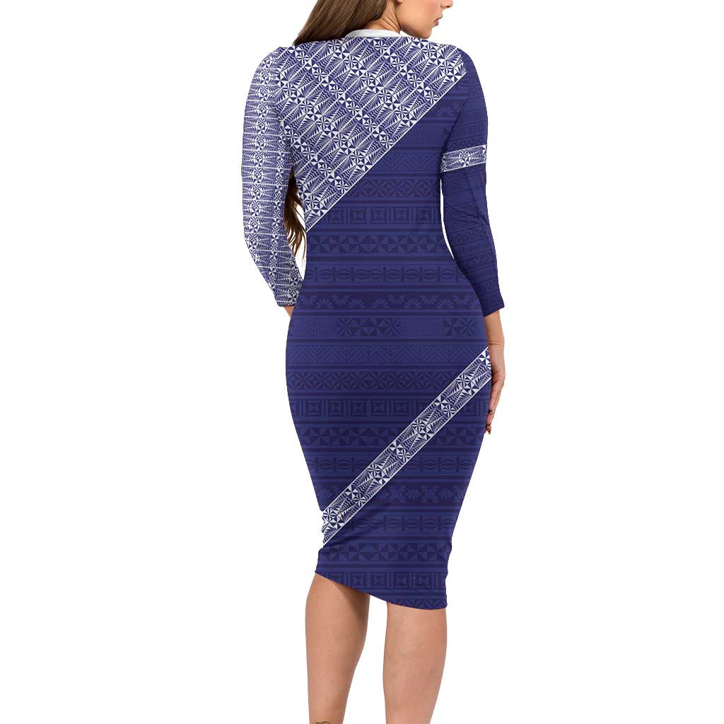 Tonga Queen Salote College Family Matching Long Sleeve Bodycon Dress and Hawaiian Shirt 100 Years Anniversary Navy Color