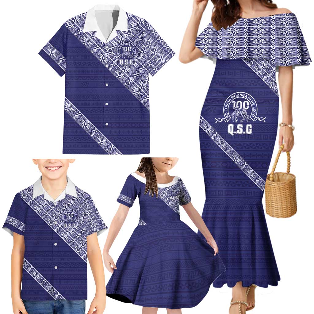 Tonga Queen Salote College Family Matching Mermaid Dress and Hawaiian Shirt 100 Years Anniversary Navy Color