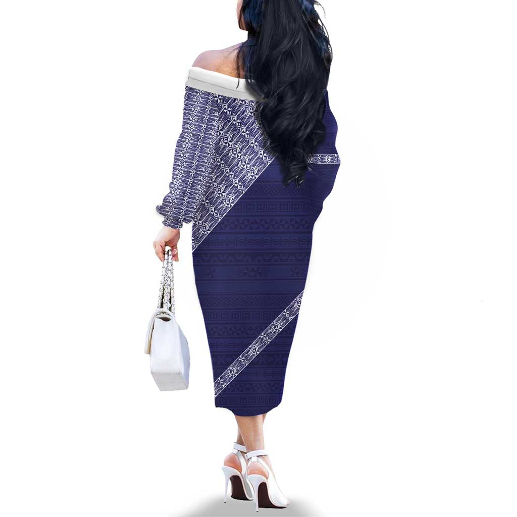 Tonga Queen Salote College Family Matching Off The Shoulder Long Sleeve Dress and Hawaiian Shirt 100 Years Anniversary Navy Color