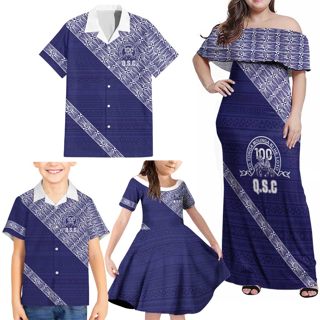 Tonga Queen Salote College Family Matching Off Shoulder Maxi Dress and Hawaiian Shirt 100 Years Anniversary Navy Color