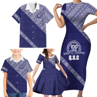 Tonga Queen Salote College Family Matching Short Sleeve Bodycon Dress and Hawaiian Shirt 100 Years Anniversary Navy Color