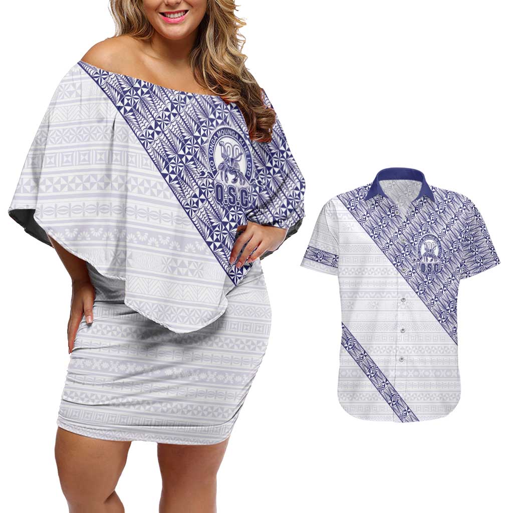 Tonga Queen Salote College Couples Matching Off Shoulder Short Dress and Hawaiian Shirt 100 Years Anniversary White Color