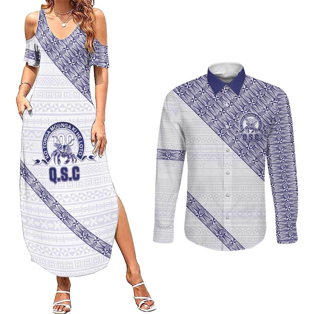 Tonga Queen Salote College Couples Matching Summer Maxi Dress and Long Sleeve Button Shirt 100 Years Anniversary White Color
