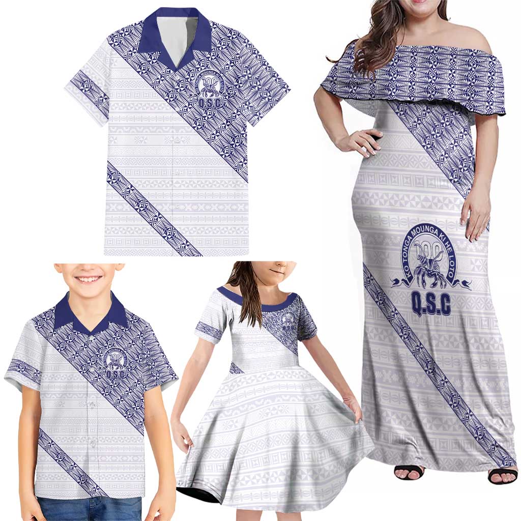 Tonga Queen Salote College Family Matching Off Shoulder Maxi Dress and Hawaiian Shirt 100 Years Anniversary White Color