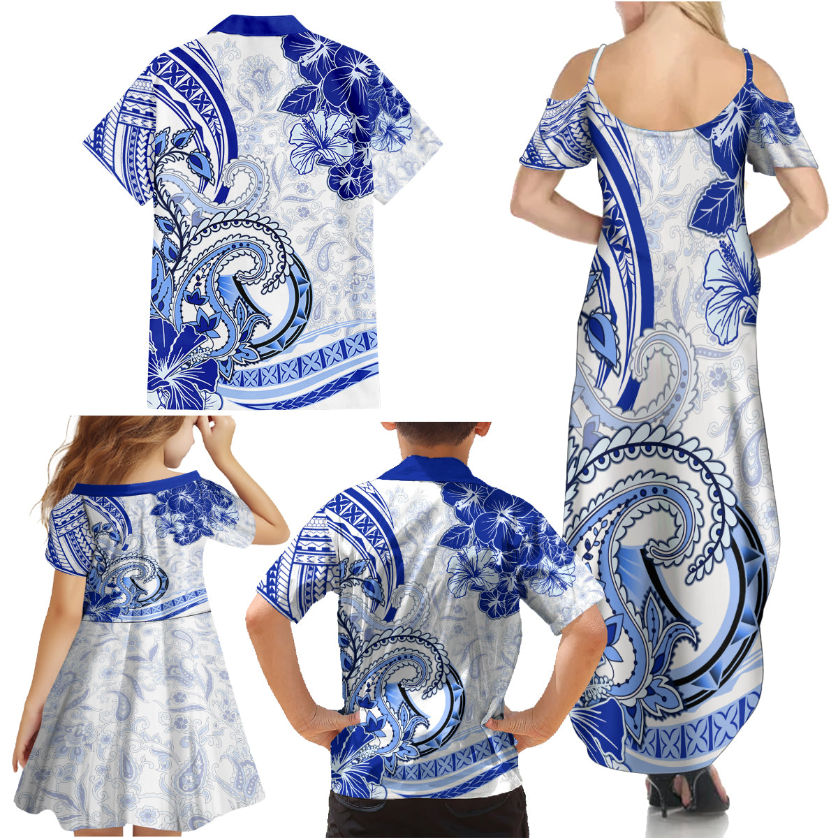 Polynesia Paisley Family Matching Summer Maxi Dress and Hawaiian Shirt Mix Navy Polynesian Pattern LT05 - Polynesian Pride