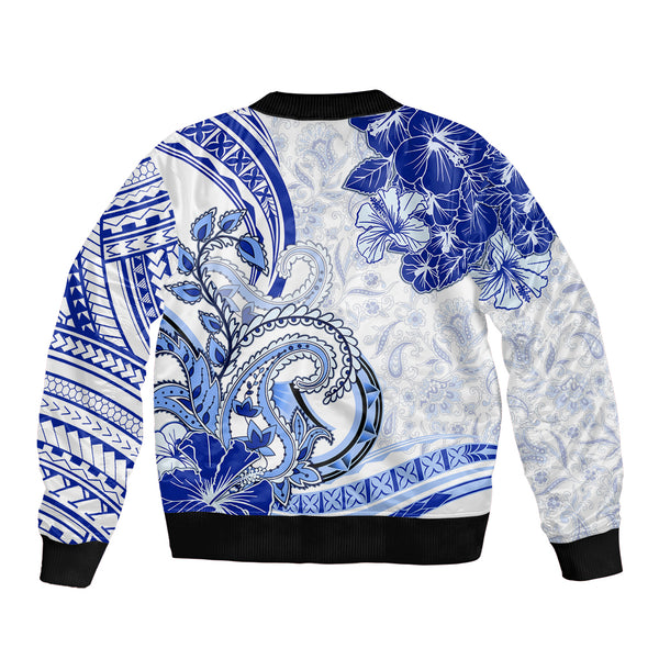 Personalised Lanai Hawaii Sleeve Zip Bomber Jacket Polynesian Tattoo and Pacific Plumeria White Vibe LT9