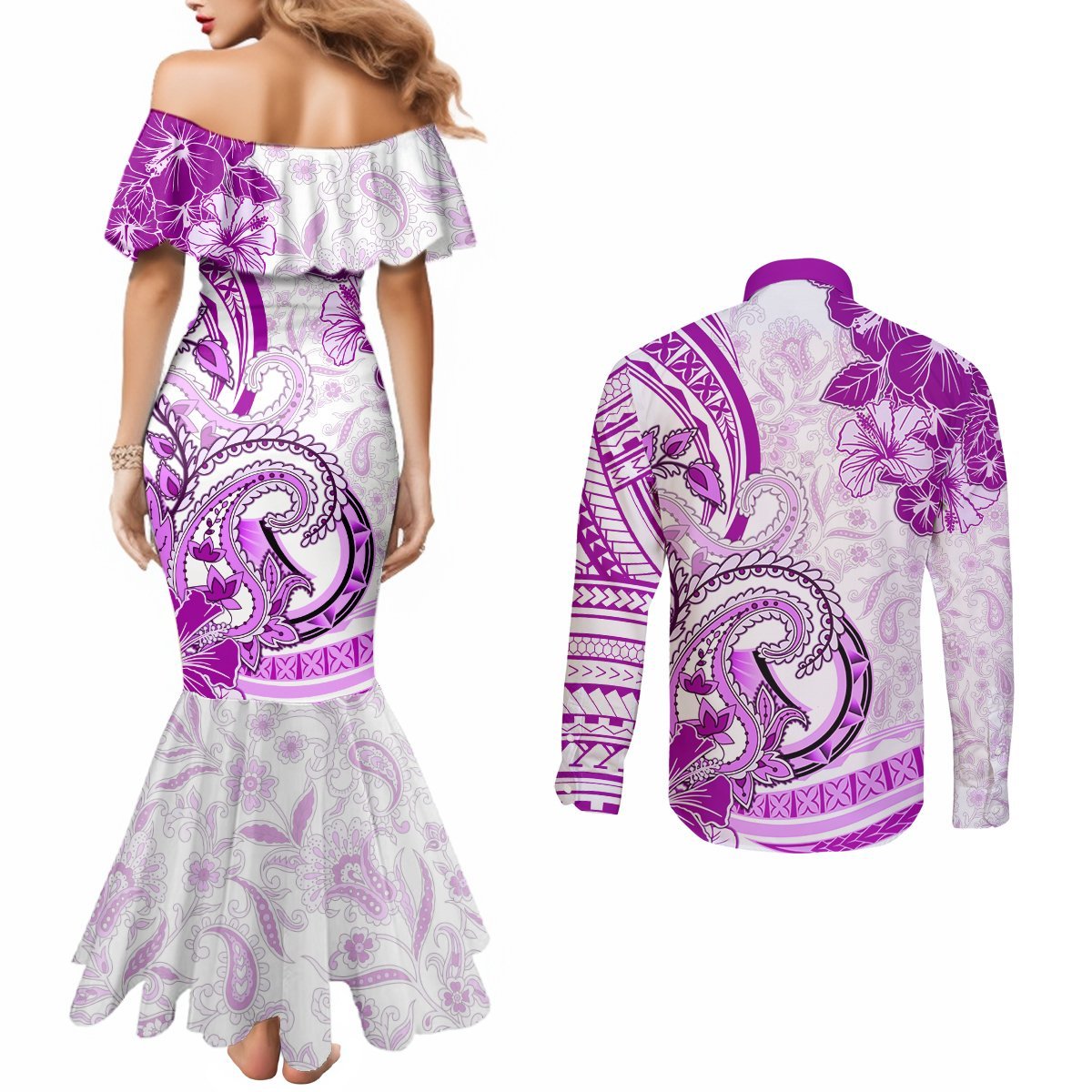 Polynesia Paisley Couples Matching Mermaid Dress and Long Sleeve Button Shirt Mix Pink Polynesian Pattern LT05 - Polynesian Pride