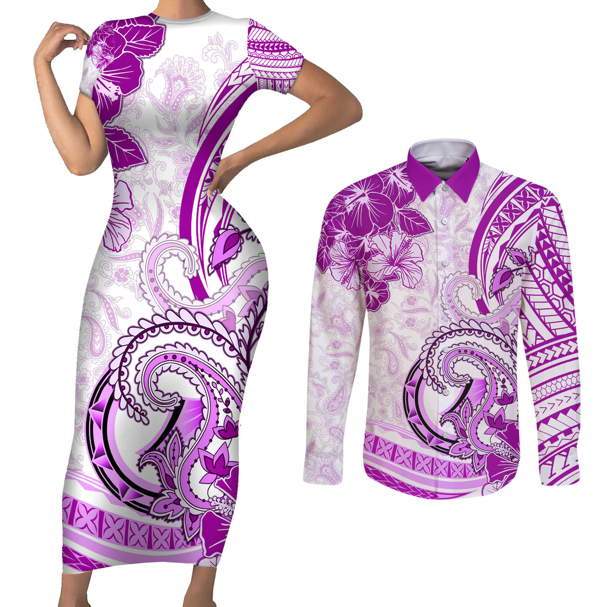 Polynesia Paisley Couples Matching Short Sleeve Bodycon Dress and Long Sleeve Button Shirt Mix Pink Polynesian Pattern LT05 Pink - Polynesian Pride