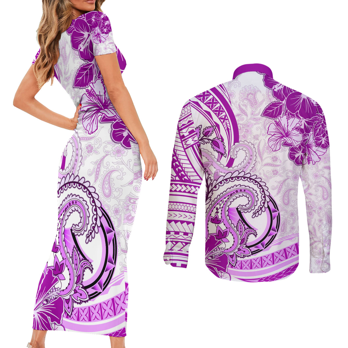 Polynesia Paisley Couples Matching Short Sleeve Bodycon Dress and Long Sleeve Button Shirt Mix Pink Polynesian Pattern LT05 - Polynesian Pride
