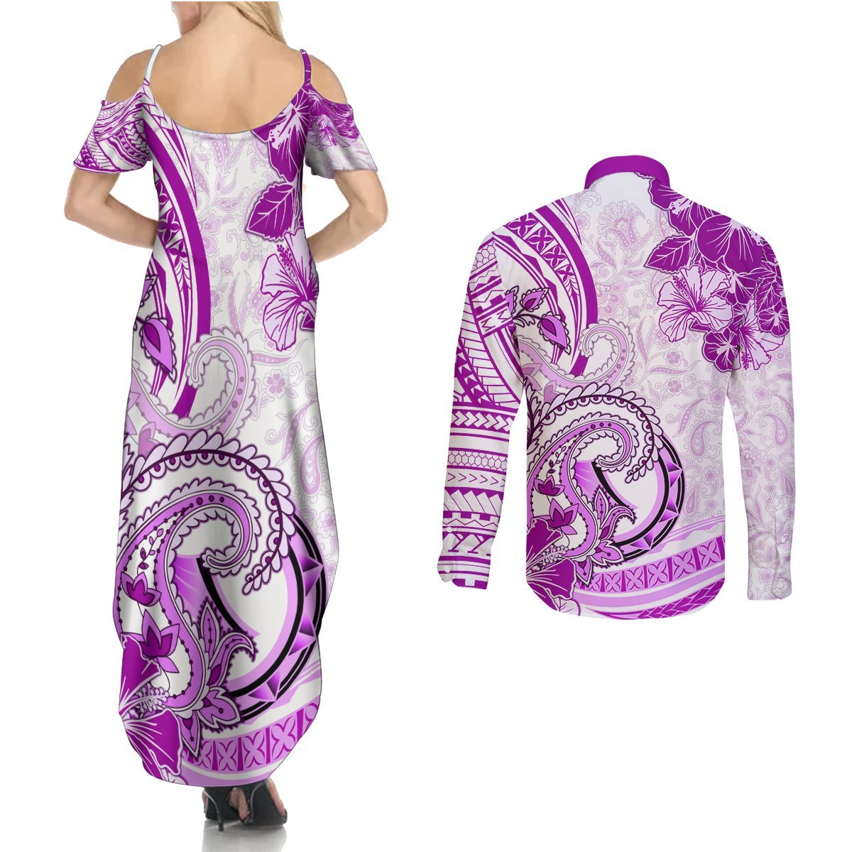 Polynesia Paisley Couples Matching Summer Maxi Dress and Long Sleeve Button Shirt Mix Pink Polynesian Pattern LT05 - Polynesian Pride
