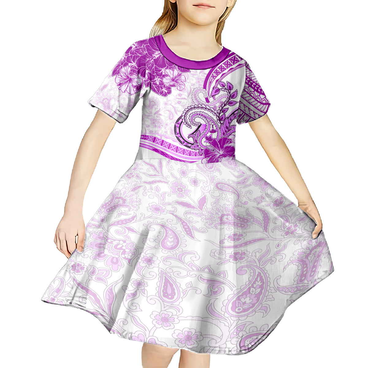 Polynesia Paisley Kid Short Sleeve Dress Mix Pink Polynesian Pattern LT05 - Polynesian Pride