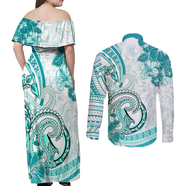 Teal Dashiki and Tapa Pattern Off The Shoulder Long Sleeve Dress Africa-Polynesia Together Culture LT9 main image 1