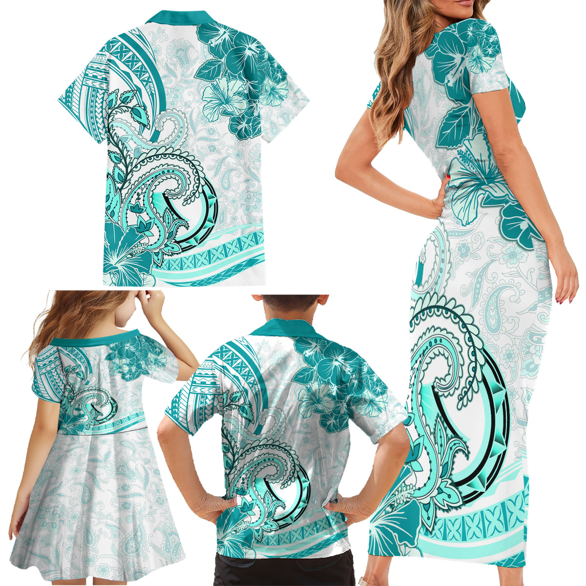 Polynesia Paisley Family Matching Short Sleeve Bodycon Dress and Hawaiian Shirt Mix Teal Polynesian Pattern LT05 - Polynesian Pride