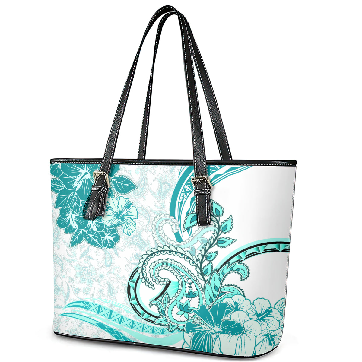Polynesia Paisley Leather Tote Bag Mix Teal Polynesian Pattern