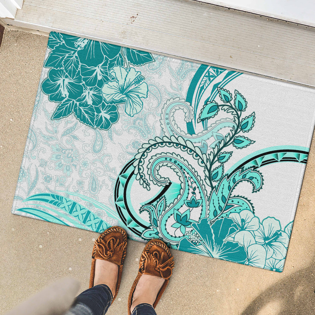 Polynesia Paisley Rubber Doormat Mix Teal Polynesian Pattern