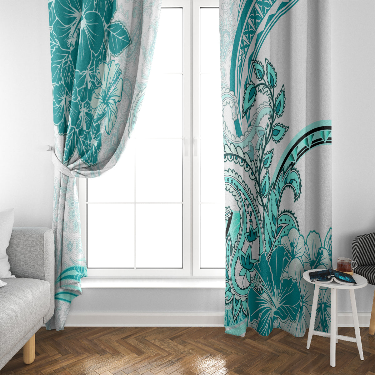 Polynesia Paisley Window Curtain Mix Teal Polynesian Pattern