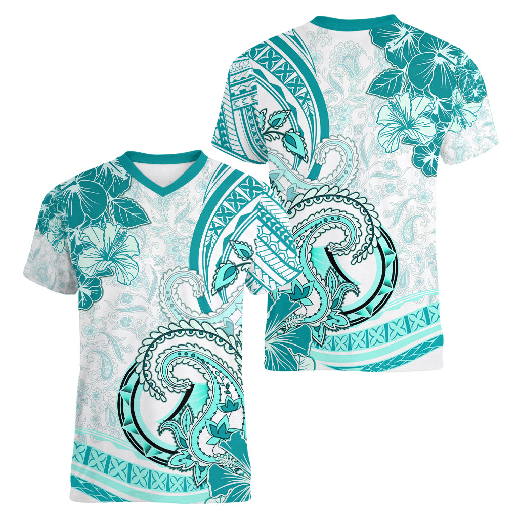 Polynesia Paisley Women V Neck T Shirt Mix Teal Polynesian Pattern LT05 - Polynesian Pride