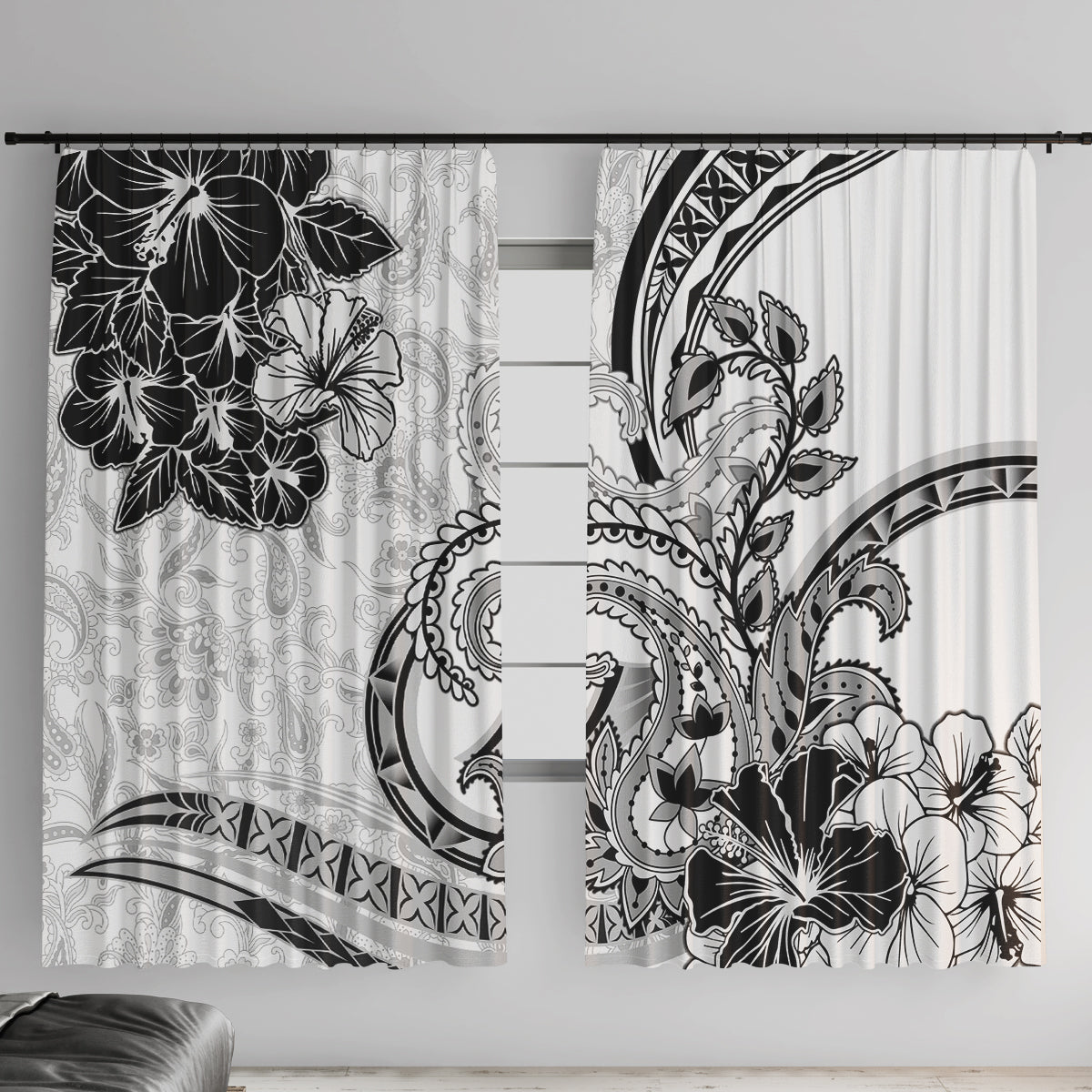 Polynesia Paisley Window Curtain Mix White Polynesian Pattern LT05 With Hooks White - Polynesian Pride