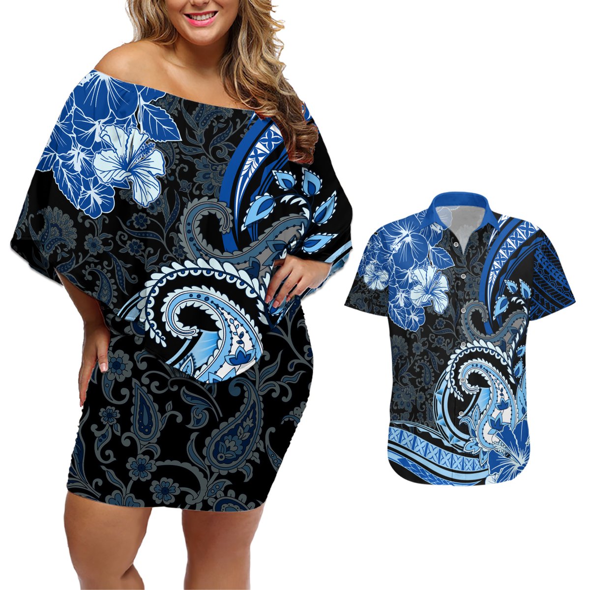 Polynesia Paisley Couples Matching Off Shoulder Short Dress and Hawaiian Shirt Mix Blue Polynesian Pattern LT05 Blue - Polynesian Pride