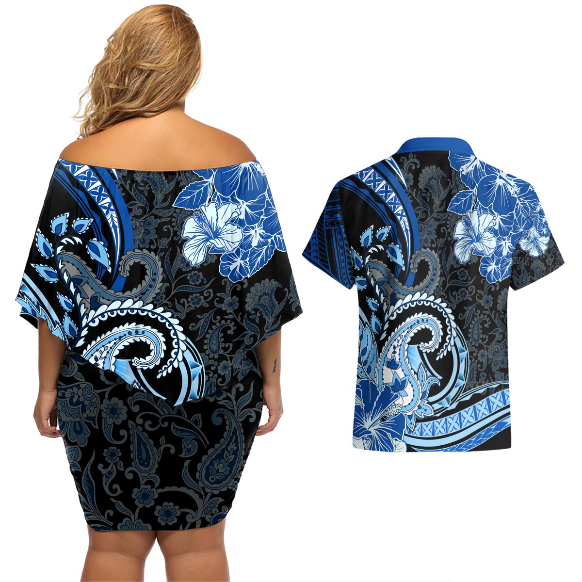 Polynesia Paisley Couples Matching Off Shoulder Short Dress and Hawaiian Shirt Mix Blue Polynesian Pattern LT05 - Polynesian Pride
