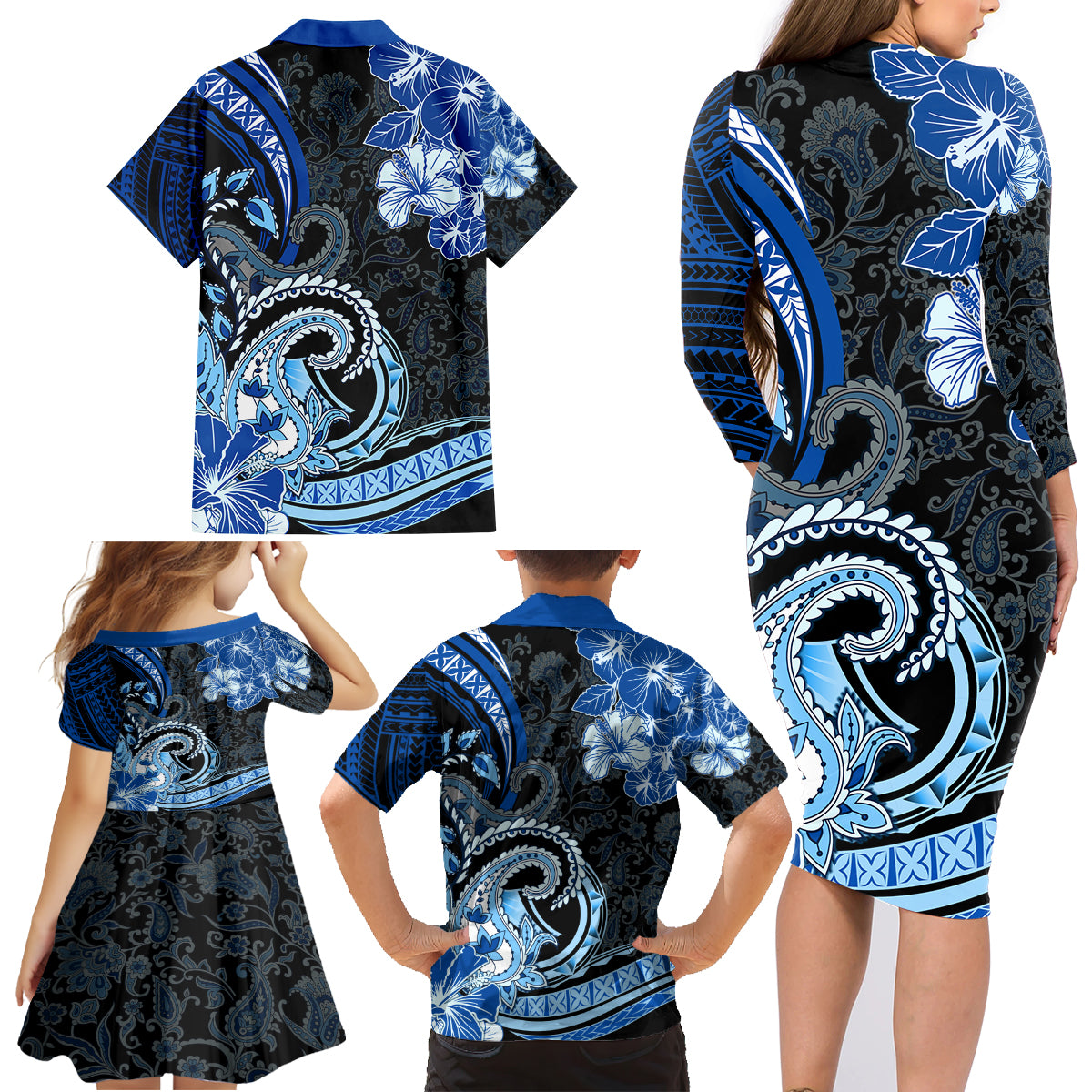 Polynesia Paisley Family Matching Long Sleeve Bodycon Dress and Hawaiian Shirt Mix Blue Polynesian Pattern LT05 - Polynesian Pride