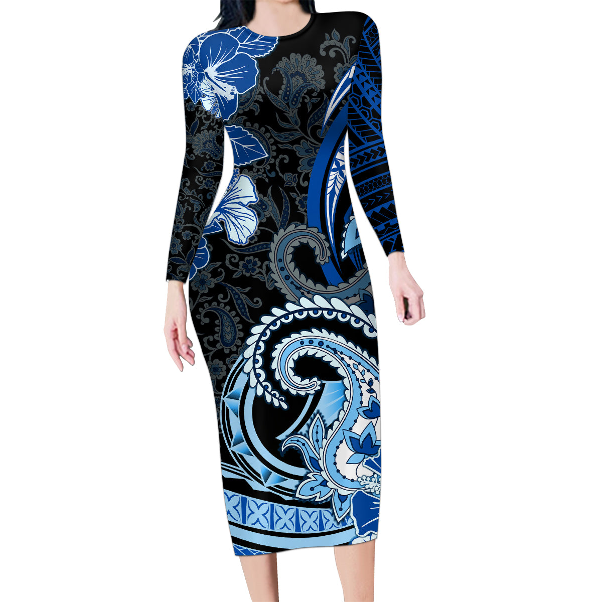 Polynesia Paisley Family Matching Long Sleeve Bodycon Dress and Hawaiian Shirt Mix Blue Polynesian Pattern LT05 Mom's Dress Blue - Polynesian Pride