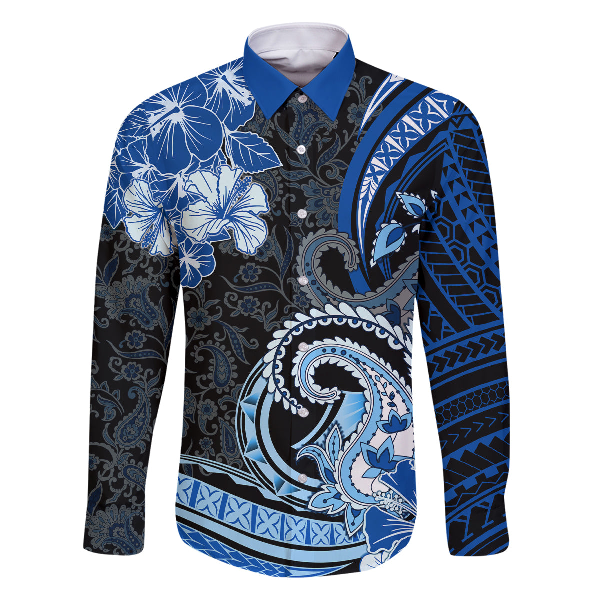 Polynesia Paisley Family Matching Off Shoulder Short Dress and Hawaiian Shirt Mix Blue Polynesian Pattern LT05 Dad's Shirt - Long Sleeve Blue - Polynesian Pride