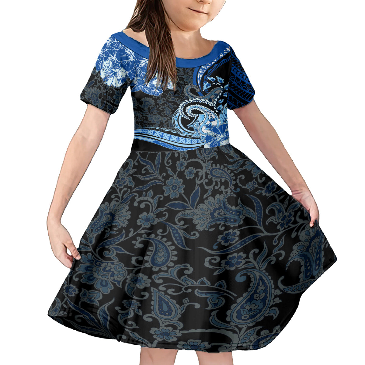 Polynesia Paisley Kid Short Sleeve Dress Mix Blue Polynesian Pattern LT05 KID Blue - Polynesian Pride