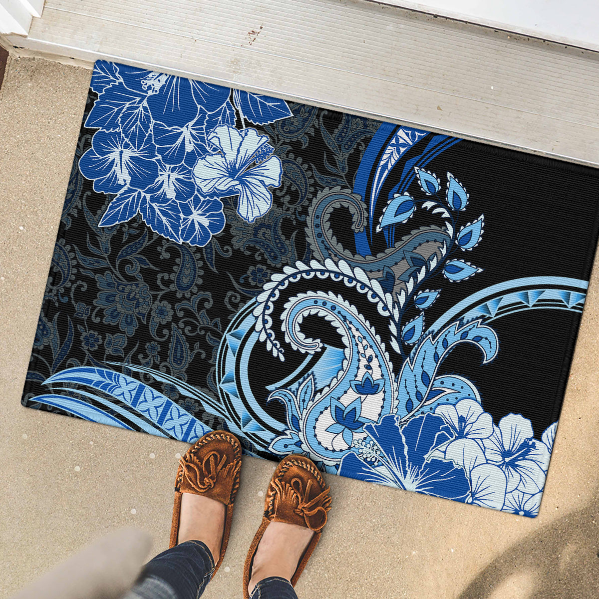 Polynesia Paisley Rubber Doormat Mix Blue Polynesian Pattern